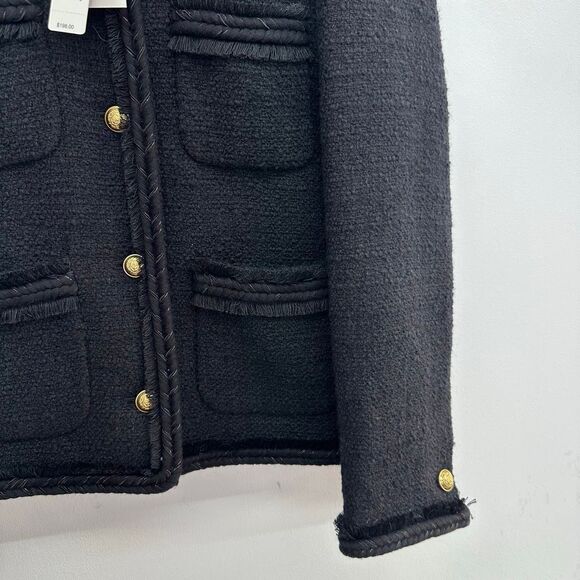 J. Crew Women’s Black Cropped Lady Tweed Jacket Gold Buttons Fringe Trim Pockets - Picture 10 of 15
